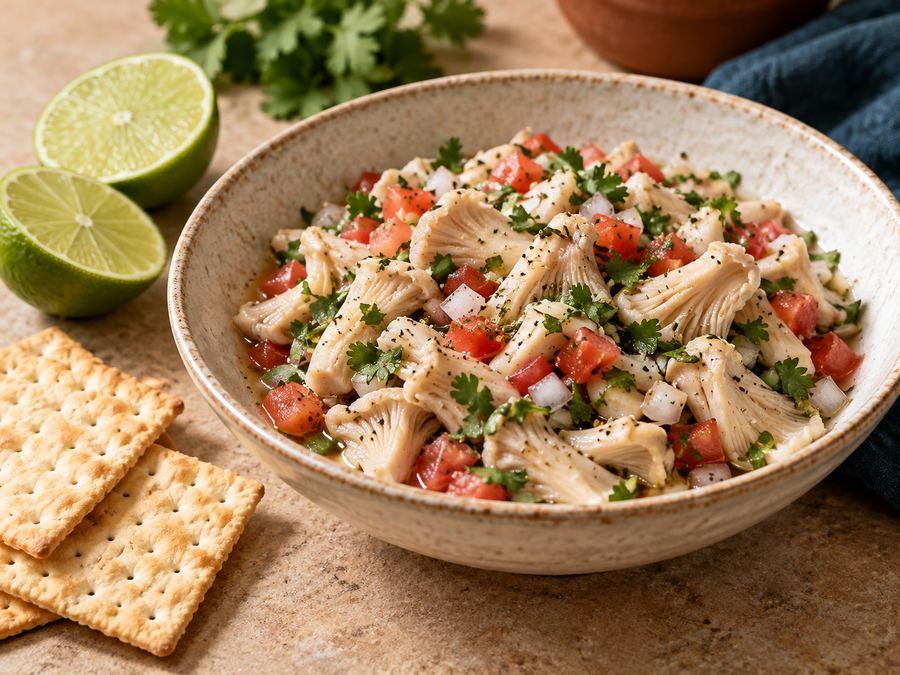 Ceviche de hongos seta con jitomate, cebolla y cilantro, servido con galletas saladas