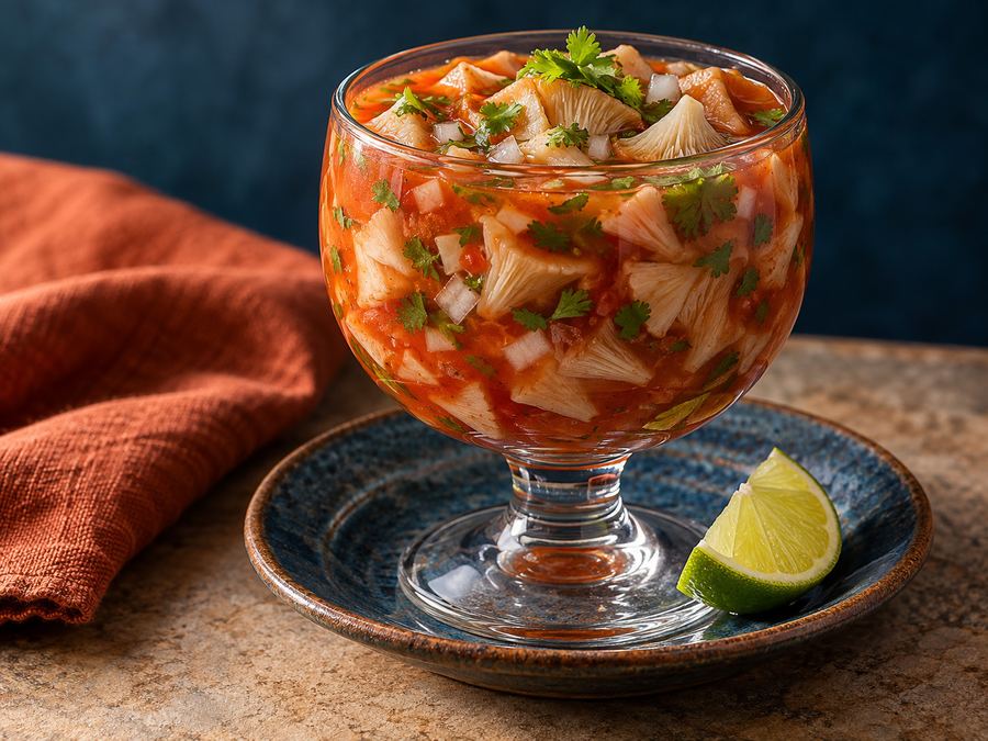 Cocktail de setas servido en copa con salsa roja, cilantro y limón