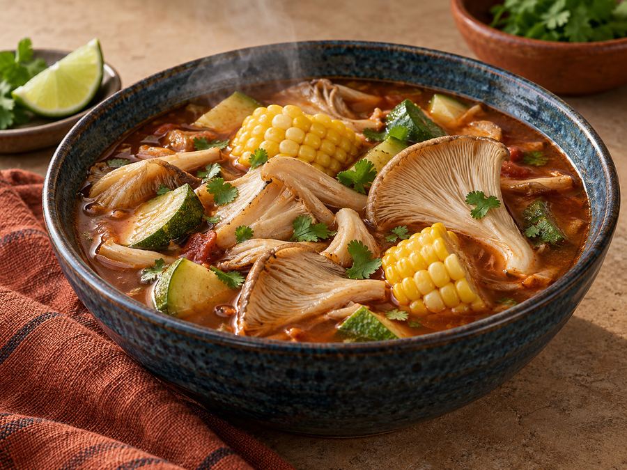 Mole de olla de setas con elotes en rodajas y calabazas en caldo rojo