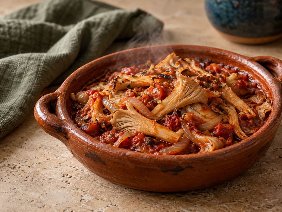 Tinga de setas en cazuela de barro con jitomate, cebolla y chipotle